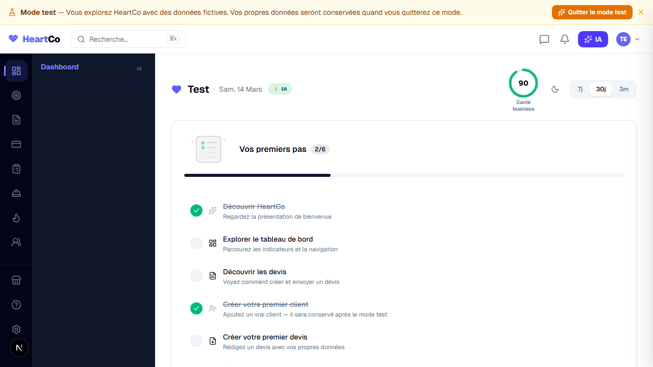 Tableau de bord HeartCo après configuration — statistiques et modules